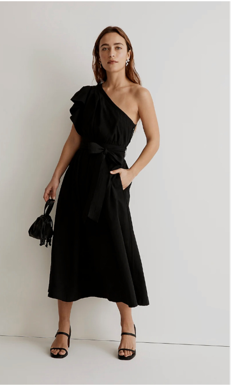 MADEWELL New Black Ruffled One-Shoulder Tie Waist Midi Dress // 2